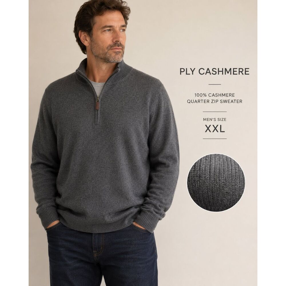 Ply Cashmere Quarter Zip Sweater Mens XXL Gray Solid Mock Neck Knit Pullover